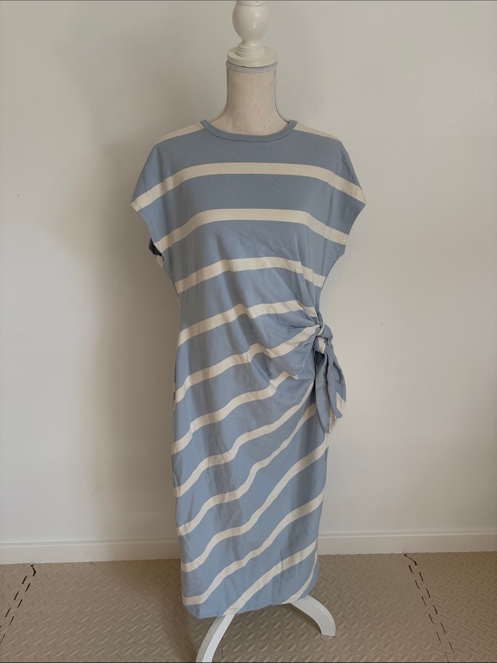 Haven Striped Side-Tie Midi Dress in Light Blue and Cream XL